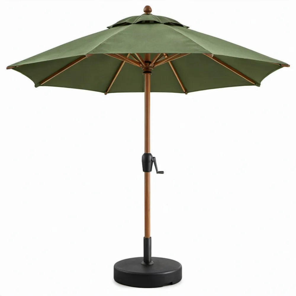 Ronde tuinparasol 300 cm groen met hardhouten stok, zwengel en zwarte voet