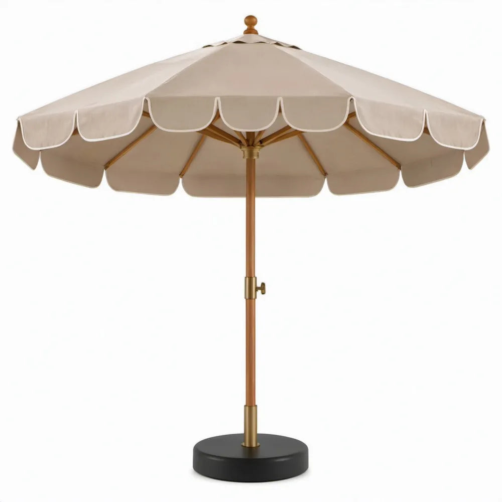 Beige ronde tuinparasol Ø 200 cm, 220 cm hoog, met houten mast en zwarte voet