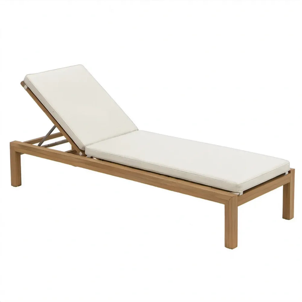 Verstelbaar ligbed van massief teakhout met crèmekleurig kussen, 200 x 65 x 35 cm