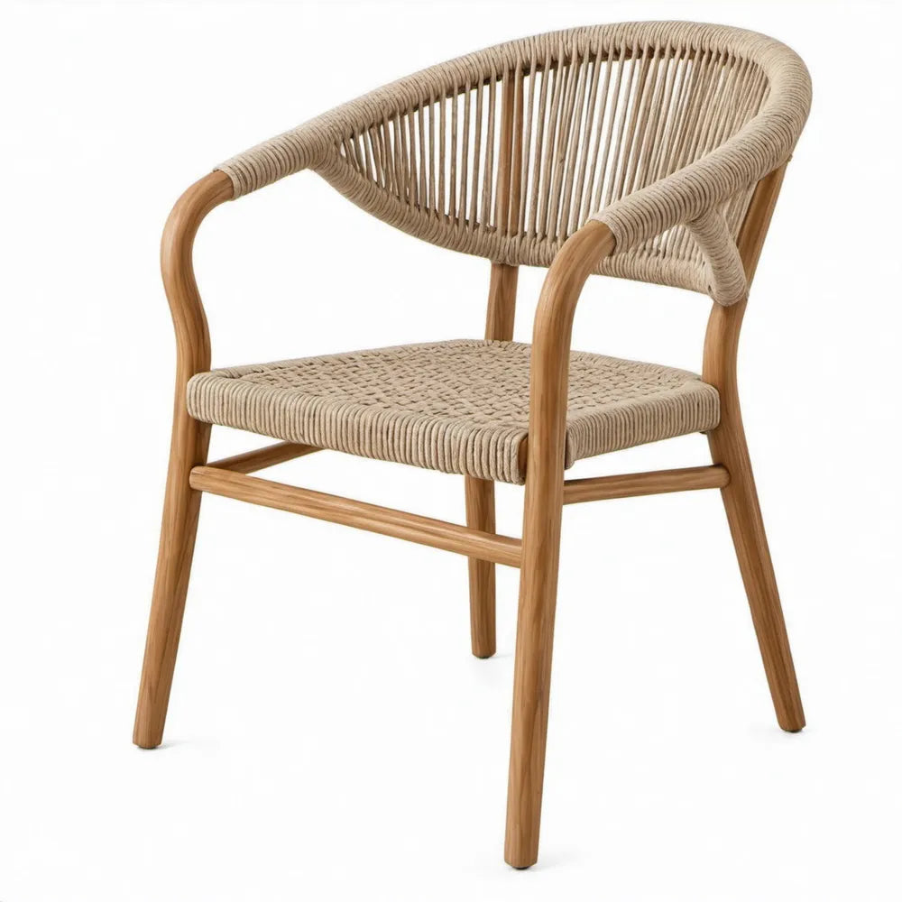 Terrasstoel met armleuningen van acaciahout en gevlochten touw, 60 x 58 x 79 cm, naturelbruin/beige