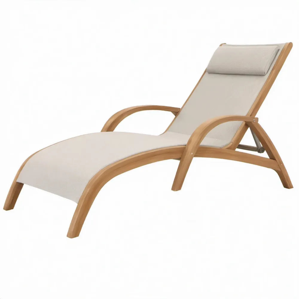 Verstelbaar ligbed van massief eucalyptushout met beige ligvlak en hoofdkussen, 195 x 66 x 90 cm