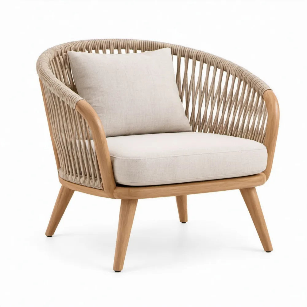 Tuinfauteuil met kussens van acaciahout en polyester touw, 76 x 78 x 78 cm, Beige/Naturel