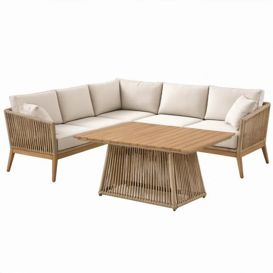 L-vormige tuinlounge met salontafel, 250 x 250 cm, beige en naturelbruin