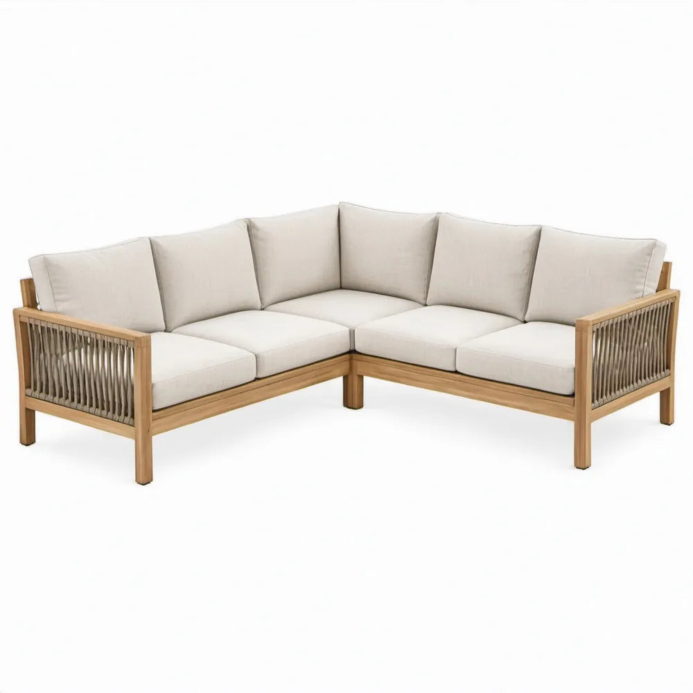 L-vormige hoekloungeset voor 5 personen van massief acaciahout met beige kussens, 220 x 220 x 75 cm