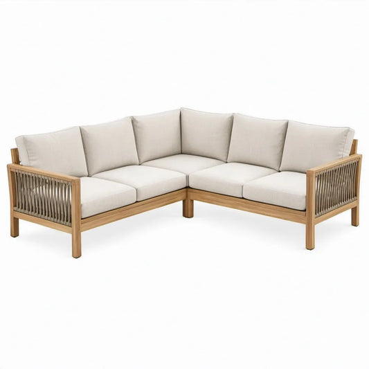 L-vormige hoekloungeset voor 5 personen van massief acaciahout met beige kussens, 220 x 220 x 75 cm