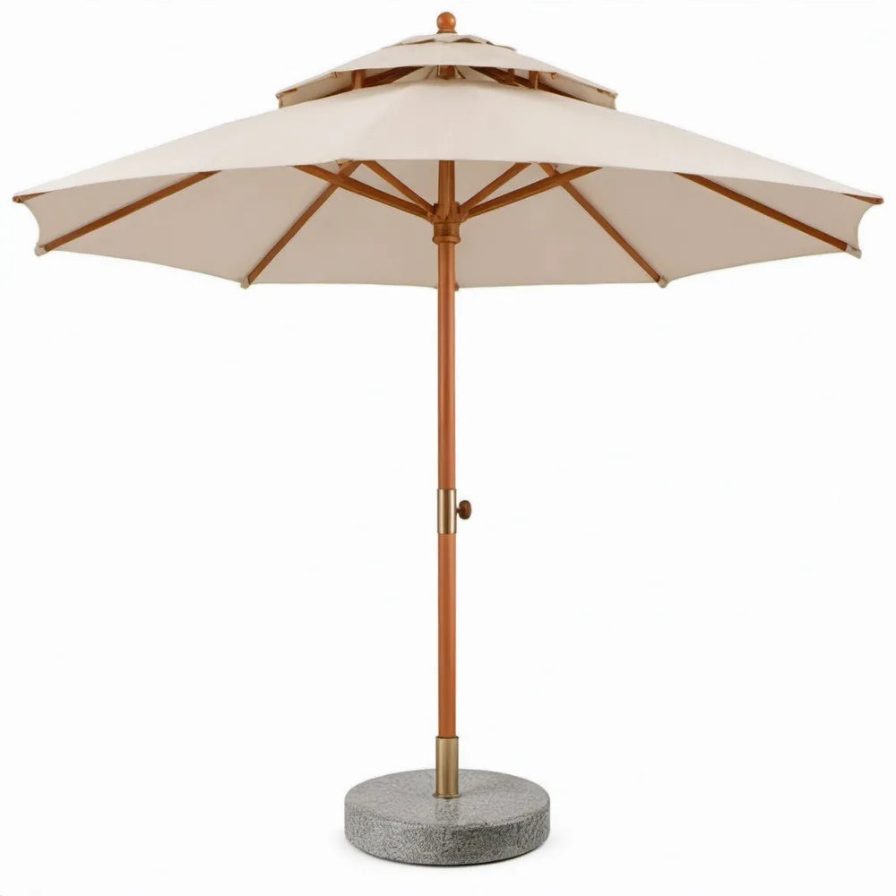 Ronde tuinparasol Ø300 x 250 cm met granieten voet, crème/bruin/grijs