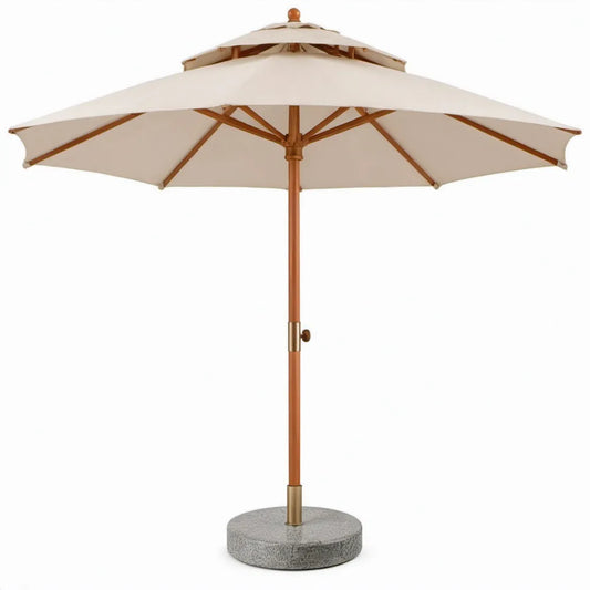 Ronde tuinparasol Ø300 x 250 cm met granieten voet, crème/bruin/grijs