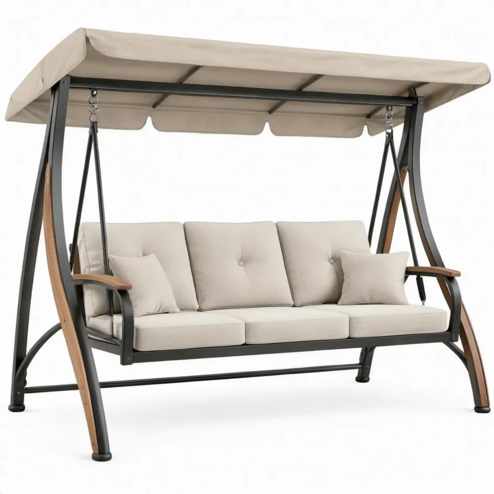 3-zits tuinschommel met luifel, kussens en houten armleuningen – 200 x 120 x 170 cm – Beige/Zwart/Bruin
