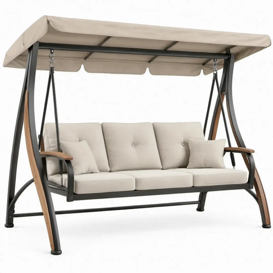 3-zits tuinschommel met luifel, kussens en houten armleuningen – 200 x 120 x 170 cm – Beige/Zwart/Bruin