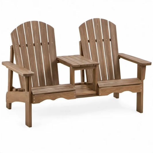 Bruine Adirondack-zitbank voor 2 personen met geïntegreerde tafel van massief sparrenhout, 160 x 83 x 92 cm