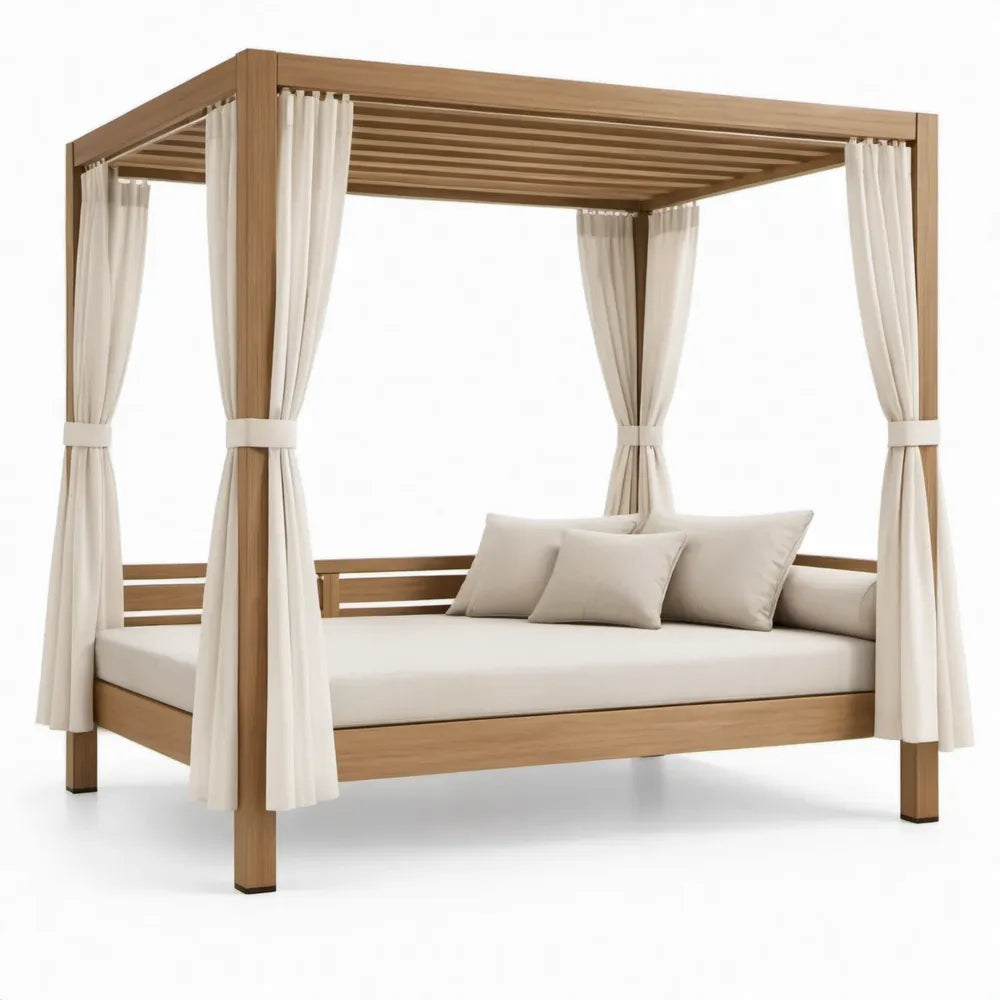 Tuinligbed met hemel 200 x 160 x 200 cm van massief acaciahout met crèmekleurige gordijnen