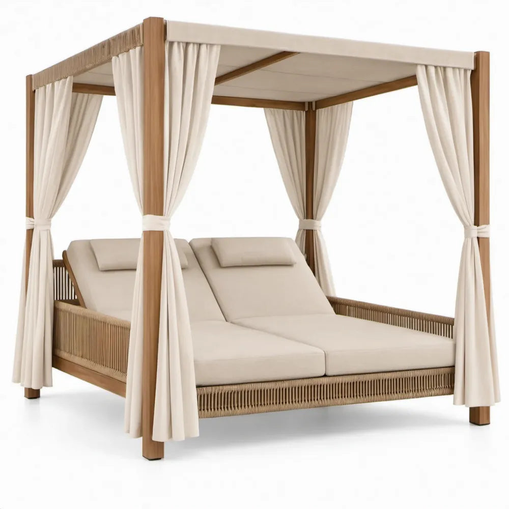 Tweepersoons ligbed met hemel 200 x 200 x 200 cm Beige/Naturelbruin/Naturel