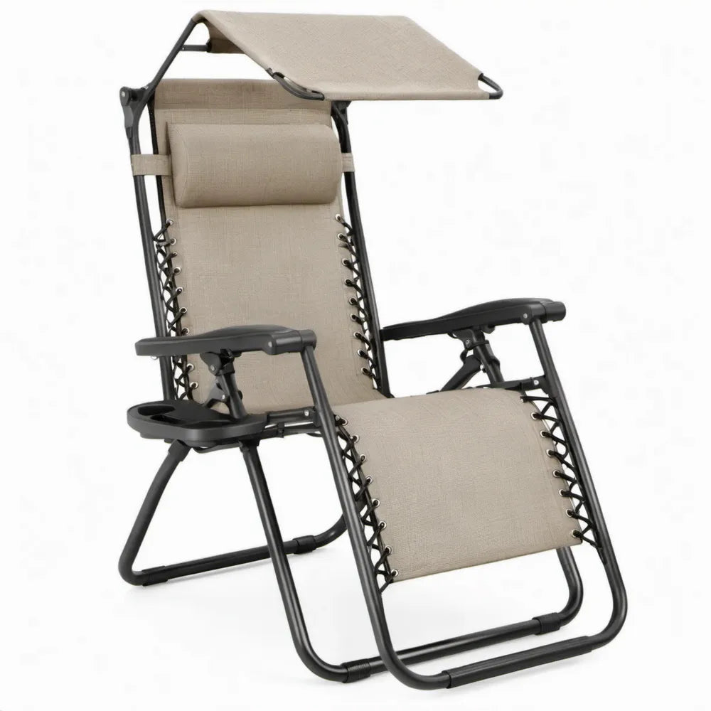 Verstelbare ligstoel met zonneklep, hoofdsteunkussen en bekerhouders - Beige/Zwart - 165 x 65 x 110 cm