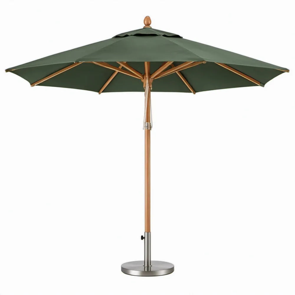 Ronde houten parasol Ø300 x 250 cm donkergroen met polyester doek en roestvrijstalen voet