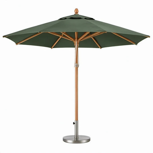 Ronde houten parasol Ø300 x 250 cm donkergroen met polyester doek en roestvrijstalen voet