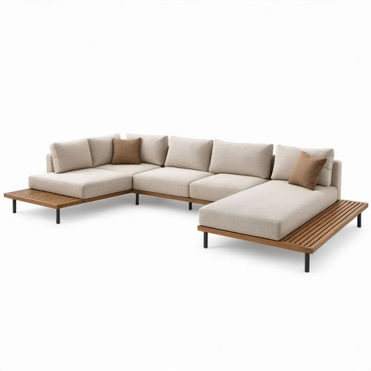 U-vormige hoekloungeset voor 4 personen met chaise longue en zijplateaus, 380 x 190 x 75 cm, crème/bruin/zwart