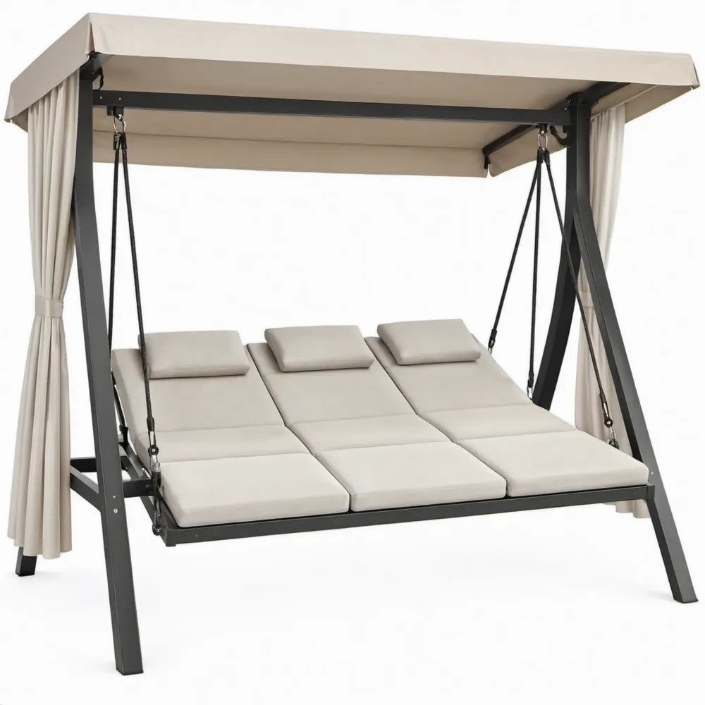 3-persoons tuinschommel met neerklapbaar ligvlak en dak 200 x 200 x 200 cm Beige/Zwart
