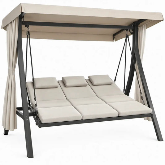 3-persoons tuinschommel met neerklapbaar ligvlak en dak 200 x 200 x 200 cm Beige/Zwart