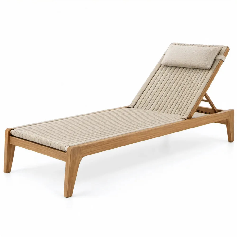 Verstelbaar ligbed van massief teakhout met polyester touw en hoofdkussen – 200 x 70 x 35 cm – Naturel/Beige
