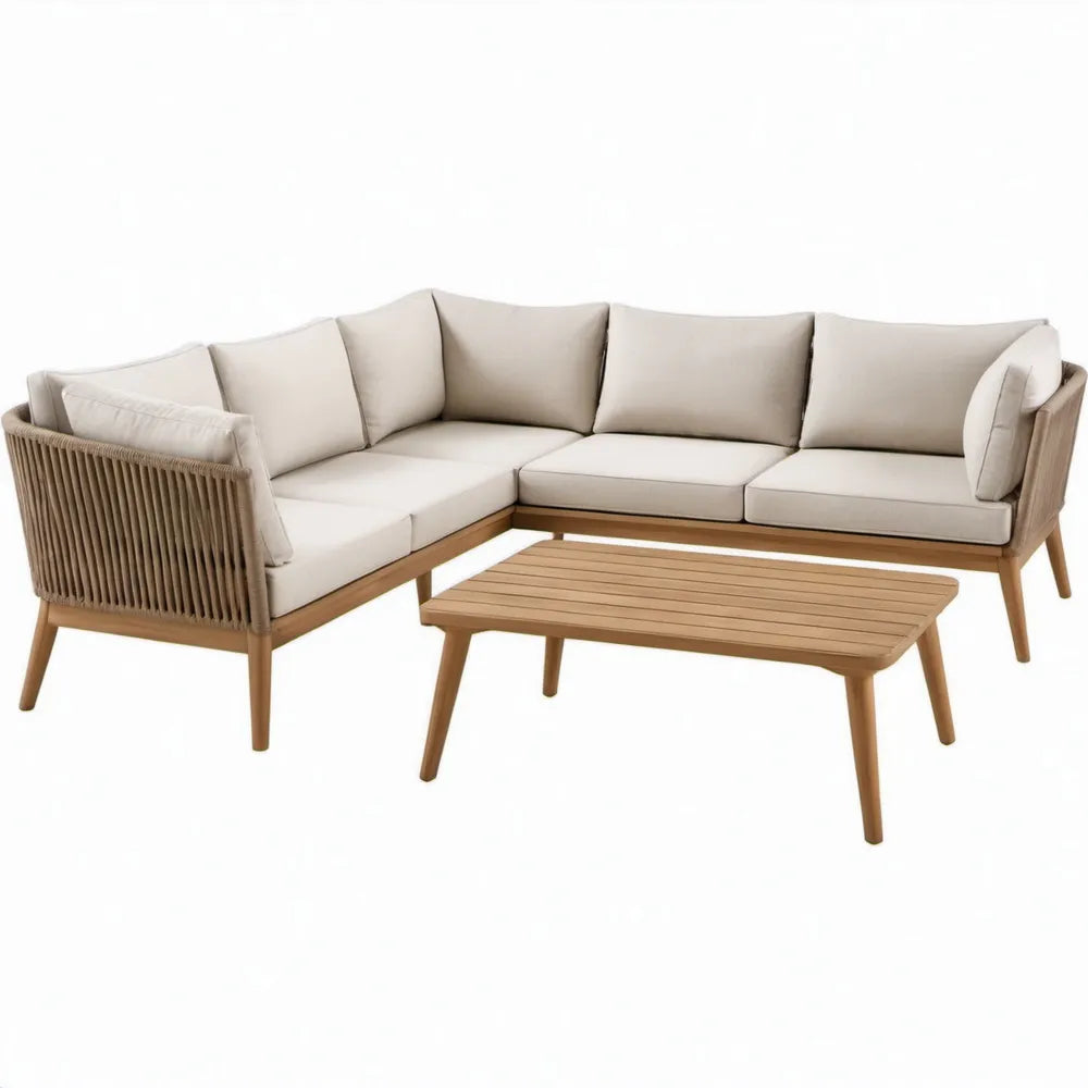 Beige hoekloungeset met salontafel, acaciahout, 220 x 220 cm