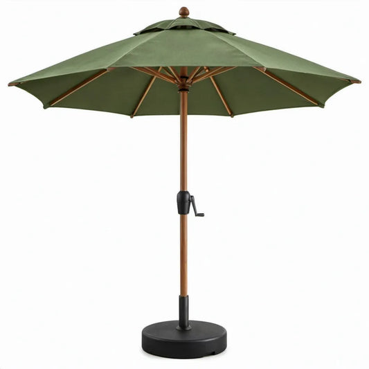 Ronde tuinparasol 300 cm groen met hardhouten stok, zwengel en zwarte voet