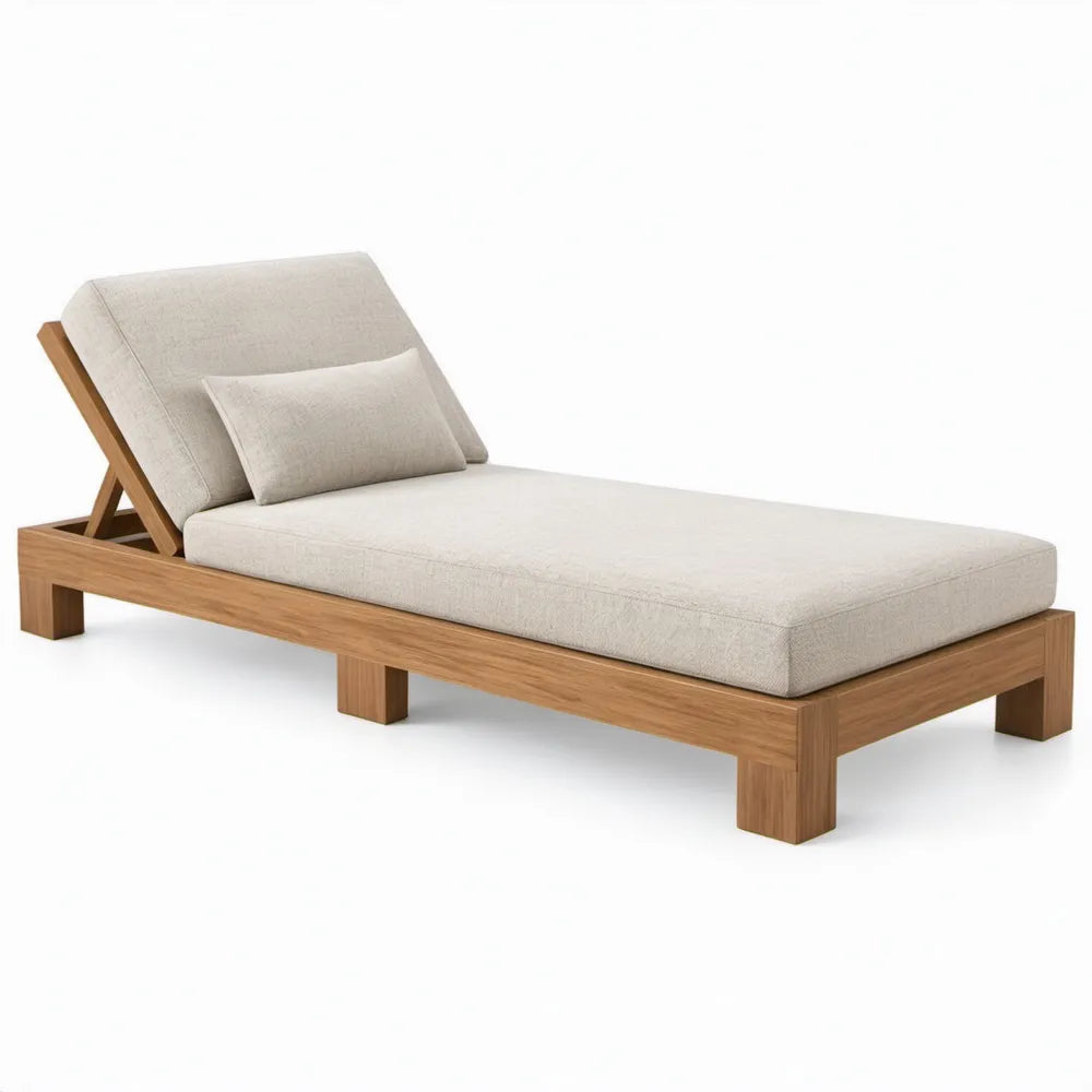 Teakhouten ligbed met verstelbare rugleuning en beige kussens, 200 x 70 cm