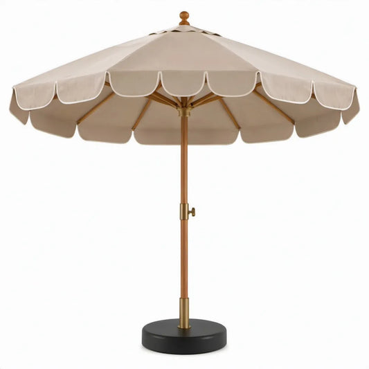 Beige ronde tuinparasol Ø 200 cm, 220 cm hoog, met houten mast en zwarte voet